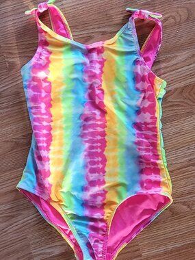 SO Girls' Rainbow Tie-Dye One-Piece Swimsuit - Pink, Yellow, Blue, Green